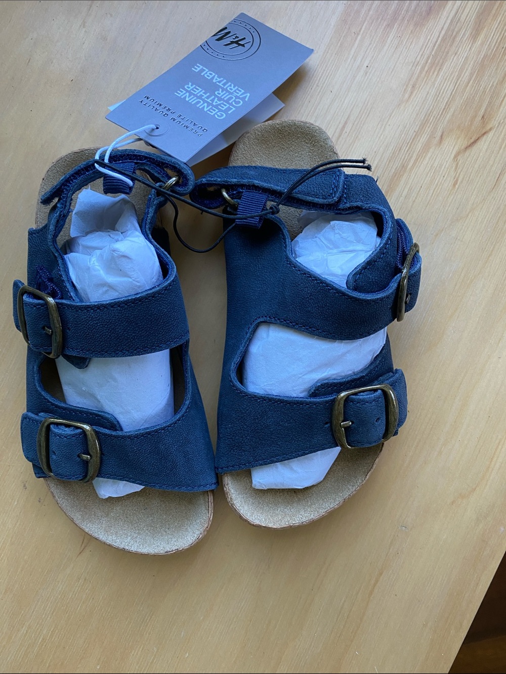 NWT Genuine Leather Children's Navy Suede Double-Buckle Sandals - Adjustable